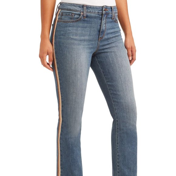 New Side Stripe High Waist Crop Kick Flare Jeans - Picture 2 of 9
